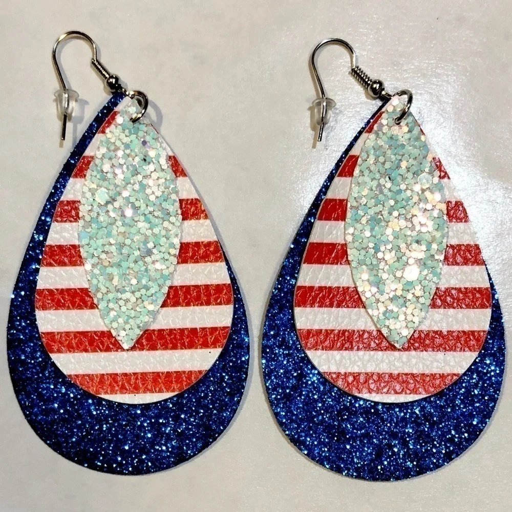 New! Lightweight Faux Leather Drop 3 Layer Patriotic Red Dangle Earrings